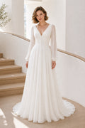 White Off-the-shoulder Long Sleeves A-Line Crepe Floor-length Wedding Dress With Lace Bodice and Sweep Train Lace Hem Detail
