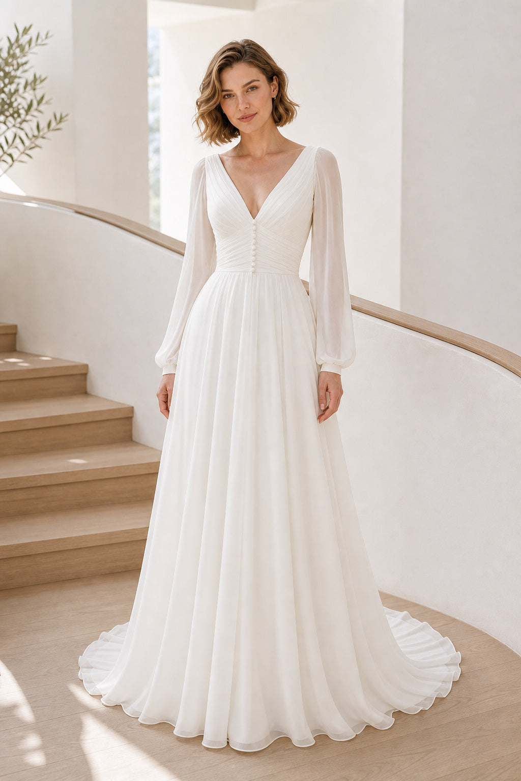 White Off-the-shoulder Long Sleeves A-Line Crepe Floor-length Wedding Dress With Lace Bodice and Sweep Train Lace Hem Detail