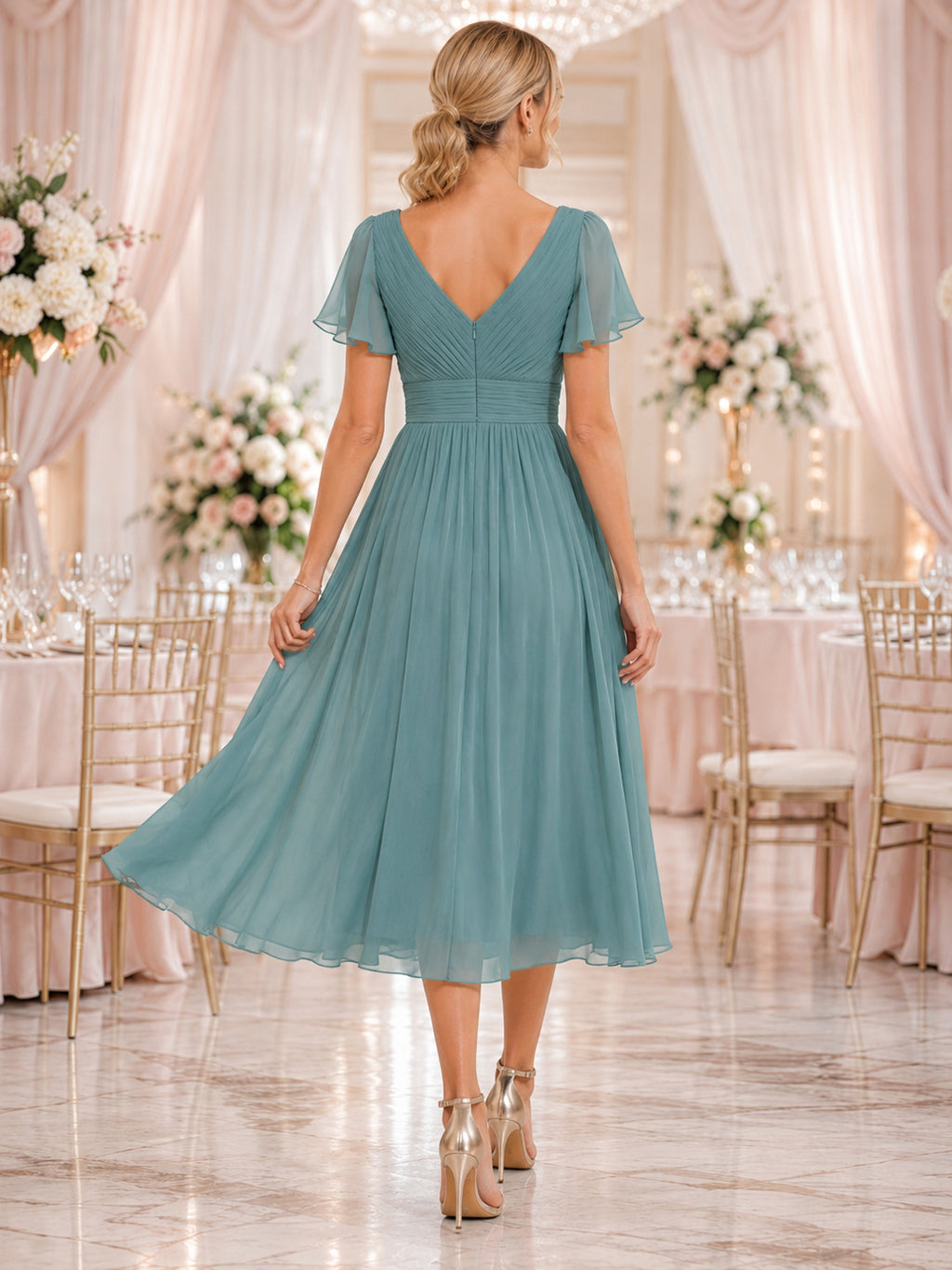 Dusty Teal Chiffon V Neck Flutter Sleeve Guest Midi Dress back view