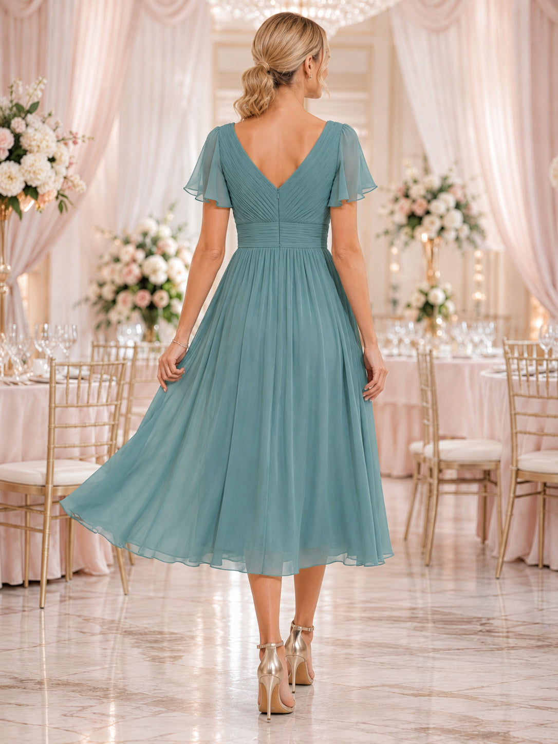 Dusty Teal Chiffon V Neck Flutter Sleeve Guest Midi Dress back view