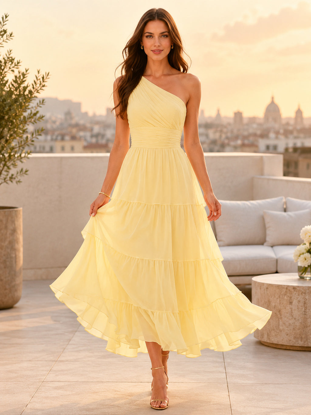Butter Yellow One Shoulder Tiered Chiffon Tea Length A Line Dress front view