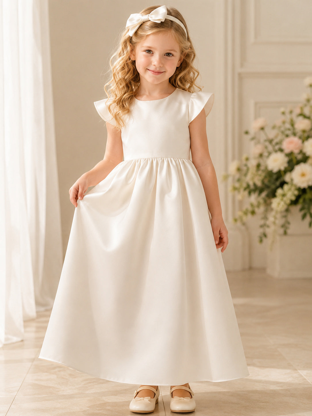 Flutter Sleeve Satin A-Line Flower Girl Dress with Jewel Neck and Pleated Skirt front view