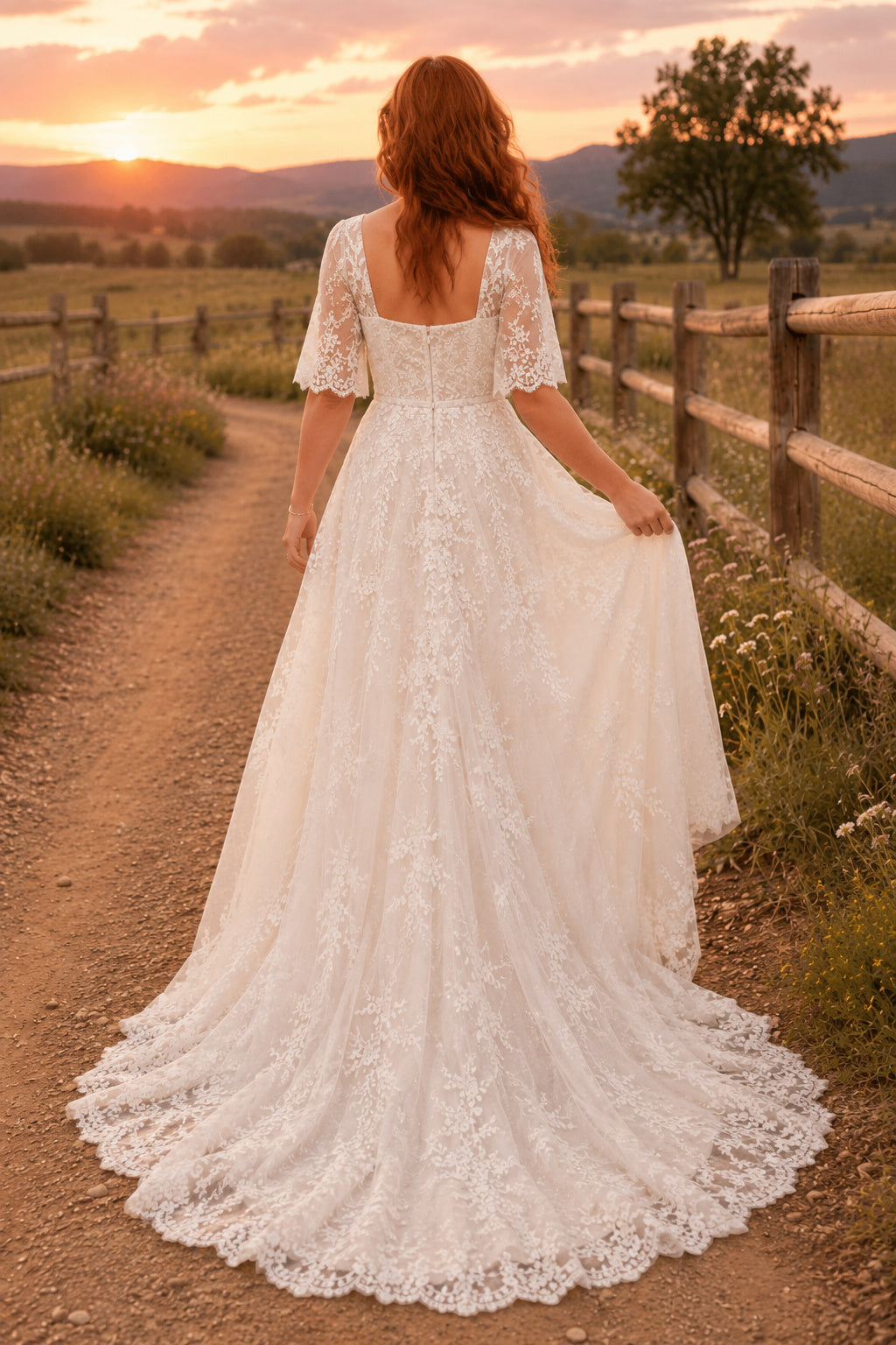 Ivory Plus Size Square Neck Lace A-Line Wedding Dress with Short Sleeves and Train back view