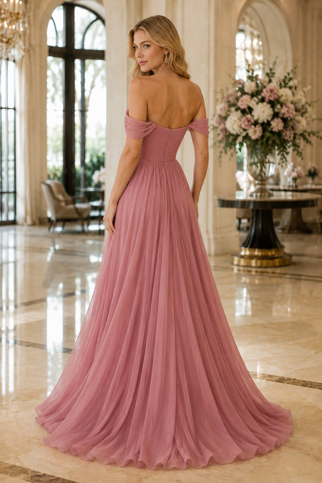 Dusty Rose Off-the-Shoulder Chiffon A-Line Bridesmaid Dress with Split Front back view