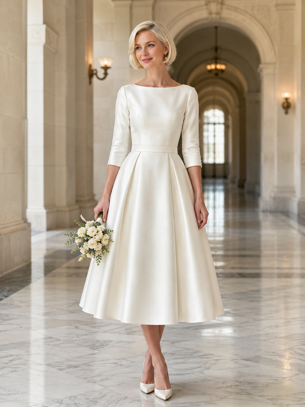 Vintage Courthouse Bateau Three Quarter Sleeve Satin Tea Length A-Line Wedding Dress front view