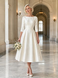 Vintage Courthouse Bateau Three Quarter Sleeve Satin Tea Length A-Line Wedding Dress front view