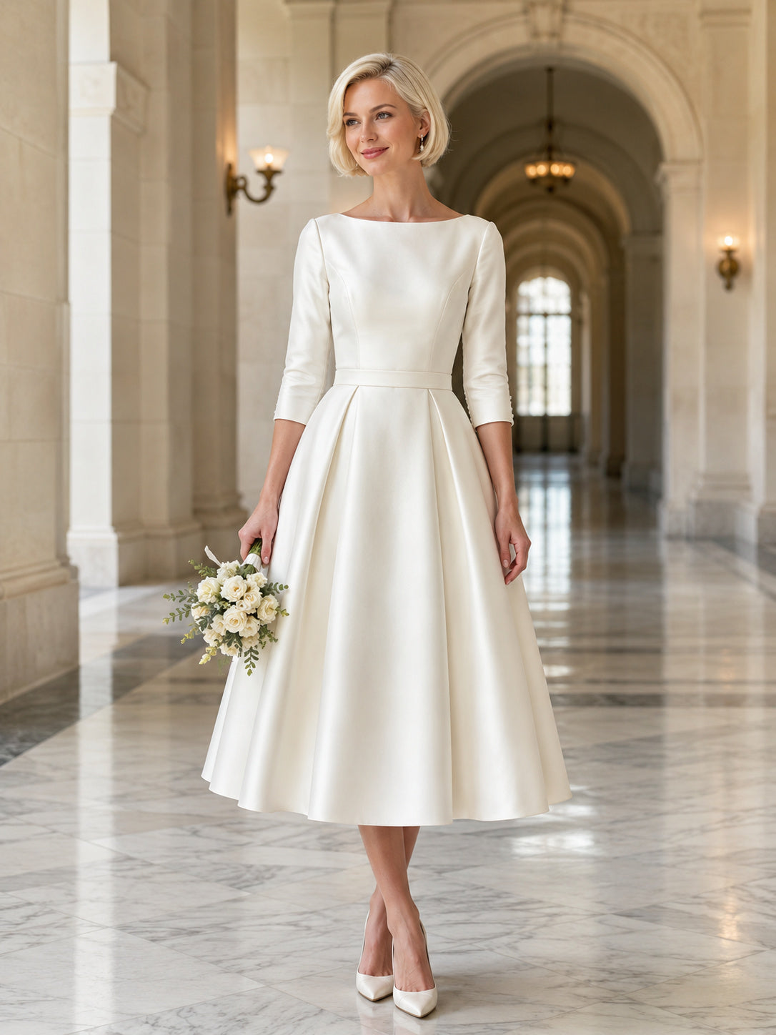 Vintage Courthouse Bateau Three Quarter Sleeve Satin Tea Length A-Line Wedding Dress front view