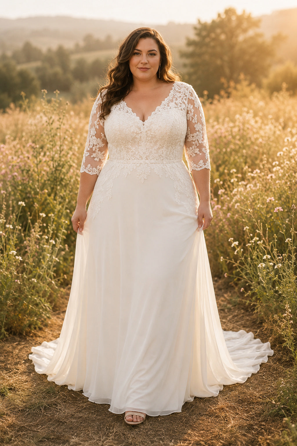 Plus Size Ivory V-Neck Three-Quarter Sleeve Lace Tulle A-Line Wedding Dress with Three-Quarter Lace Sleeves and Sweep Train f