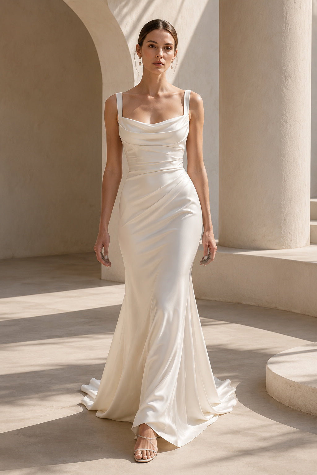 Ivory Cowl Neck Satin Sheath Wedding Dress with Low Back front view