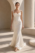 Ivory Cowl Neck Satin Sheath Wedding Dress with Low Back front view
