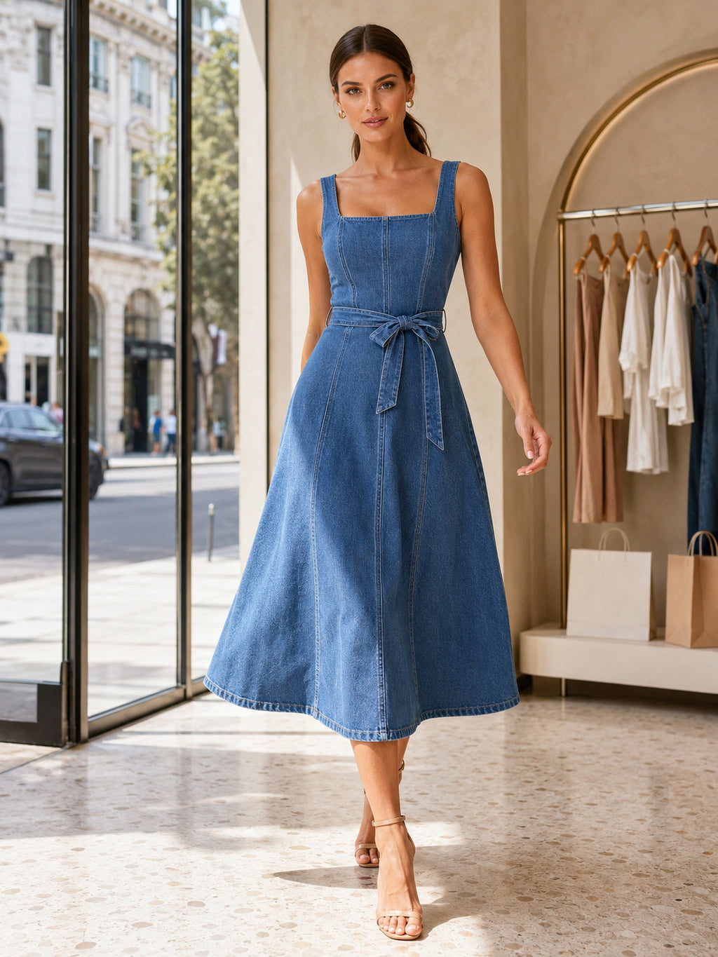Medium Denim Belted Square Neck Pop Up Midi Dress front view