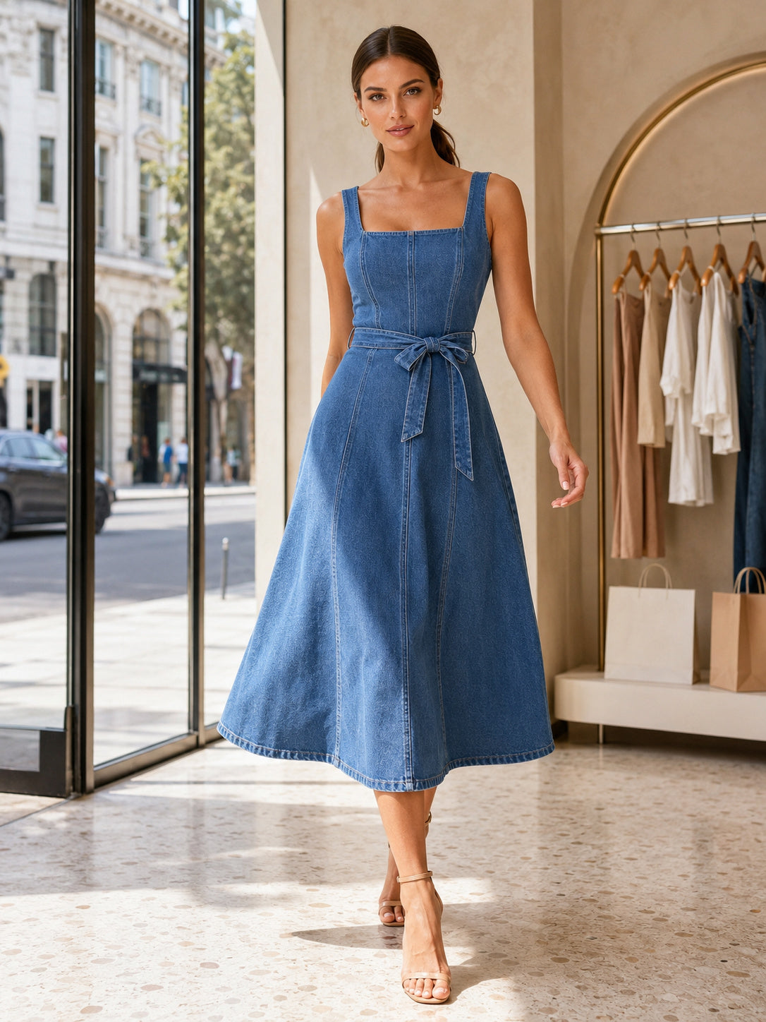 Medium Denim Belted Square Neck Pop Up Midi Dress front view