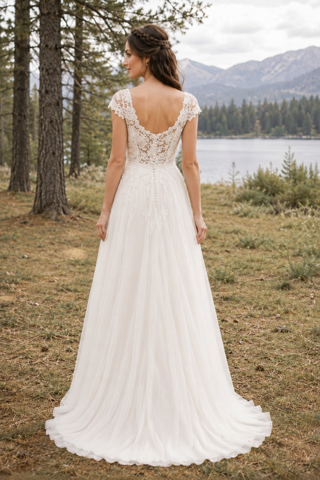 Ivory Scoop Neck Cap Sleeve Lace A-Line Wedding Dress with Soft Chiffon Train back view
