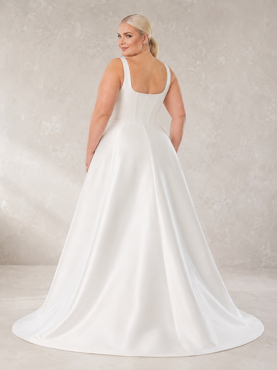 Plus Size Square Neck Satin A Line Studio Bridal Gown back view