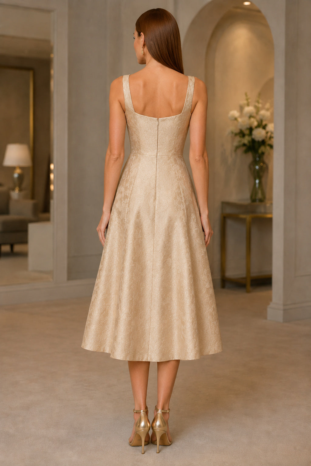 Champagne Wedding Guest Sheath Dress Style MG_301581 back view