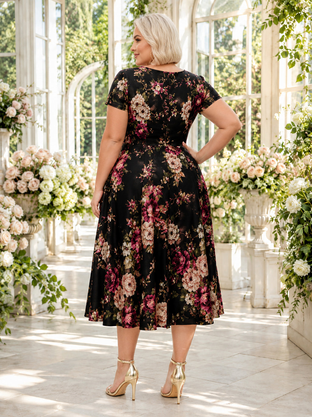 Black Scoop Neck Short Sleeve Floral Satin Tea Plus Size Guest Dress back view