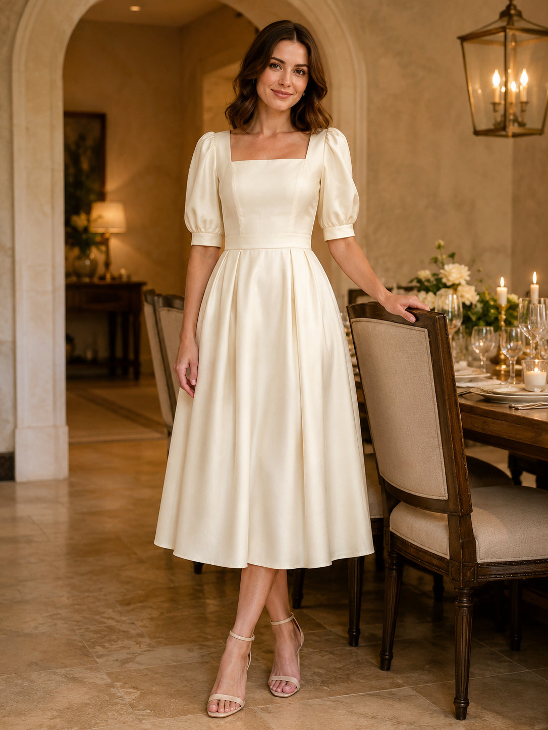 Square neck puff sleeve bridal midi A-line satin dress front view