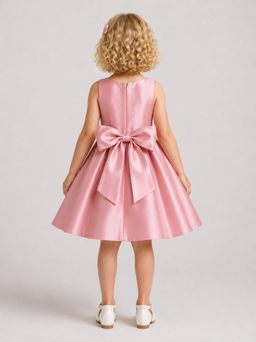 Blush Satin A-Line Flower Girl Dress with Sleeveless, Jewel Neck, Knee-Length Skirt, Bow Detail back view