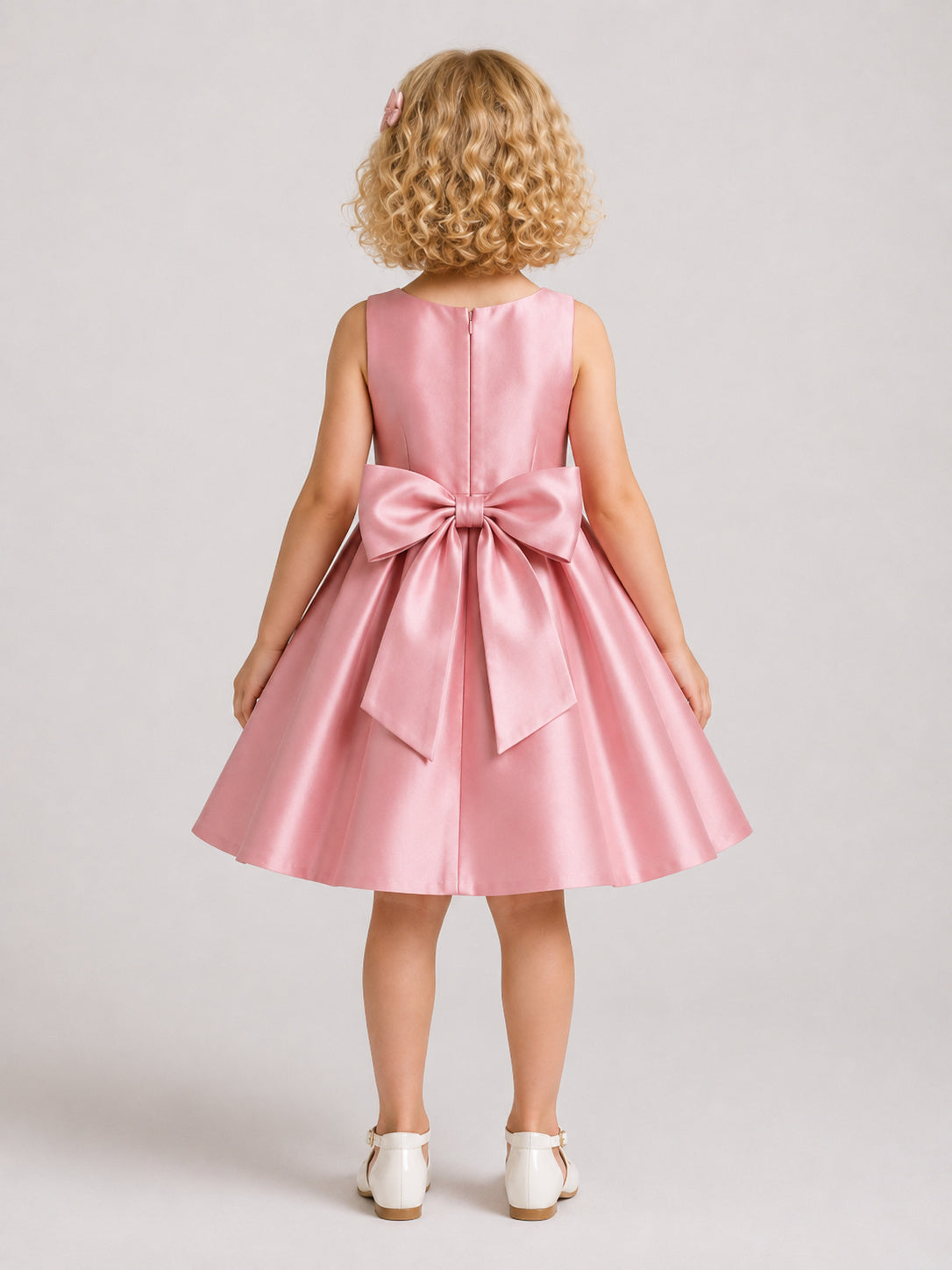 Blush Satin A-Line Flower Girl Dress with Sleeveless, Jewel Neck, Knee-Length Skirt, Bow Detail back view