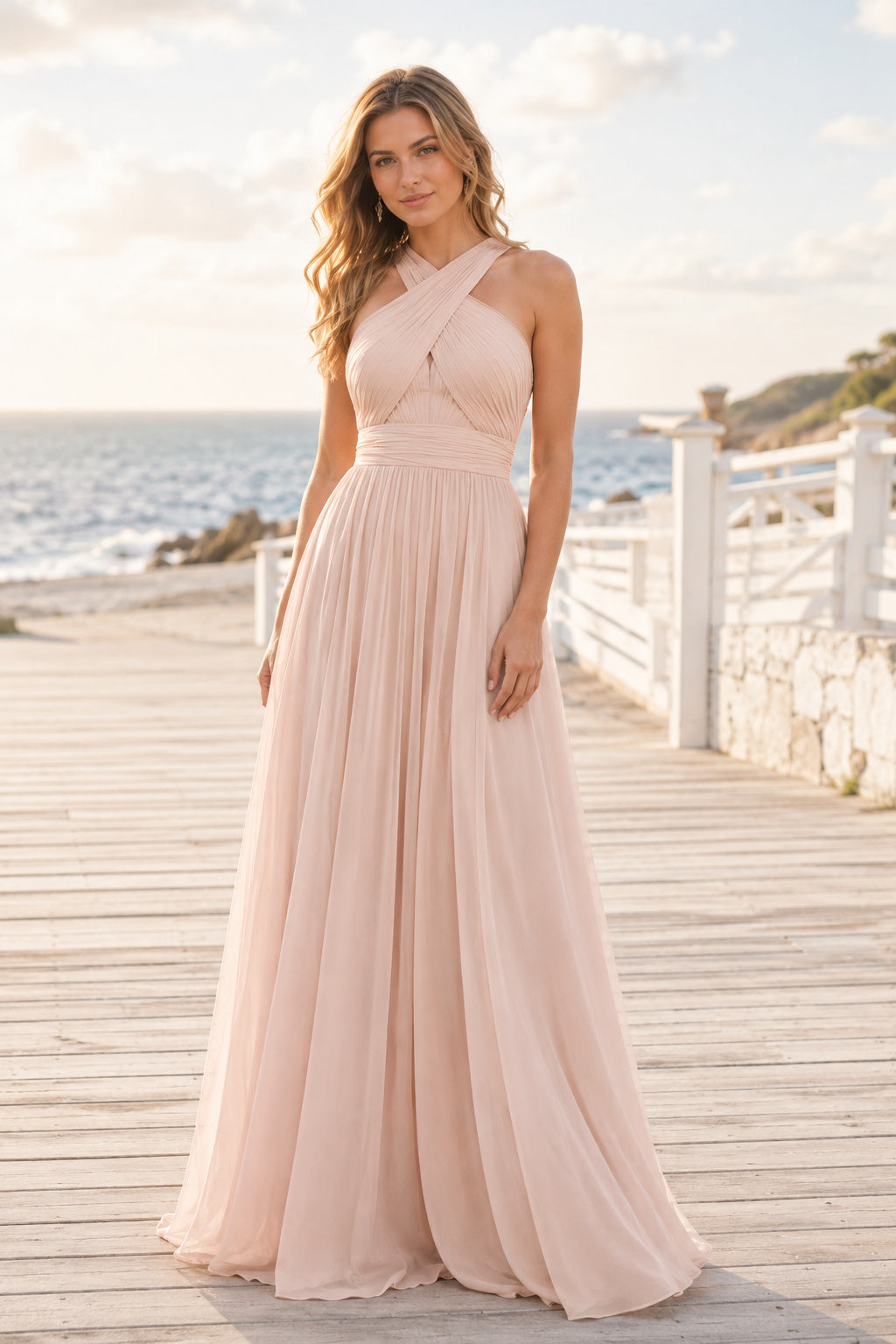Blushing Pink One-Shoulder Chiffon A-Line Bridesmaid Dress with Criss Cross Back front view