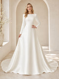 Modest Minimalist Bateau Long Sleeve Satin A-Line Court Train Wedding Dress front view