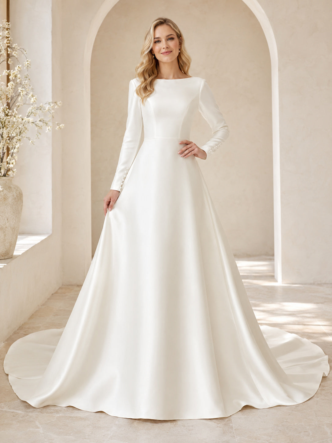 Modest Minimalist Bateau Long Sleeve Satin A-Line Court Train Wedding Dress front view