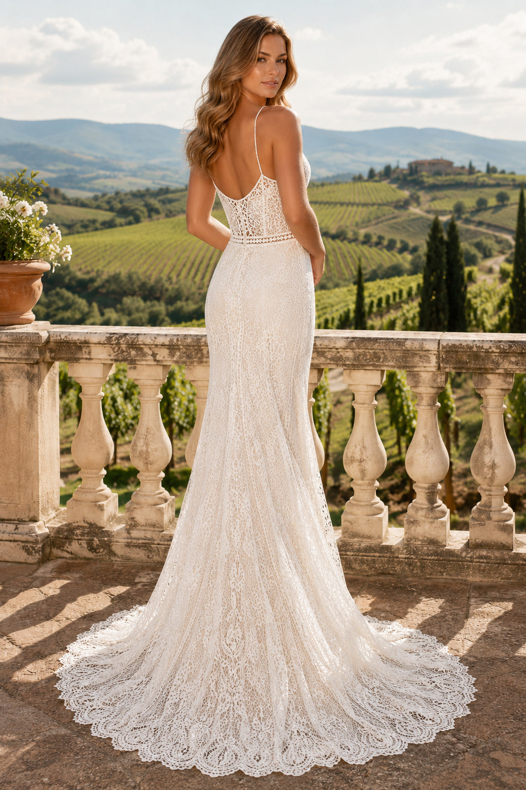 Ivory Spaghetti Strap Crochet Lace Mermaid Wedding Dress with Low Back and Train back view