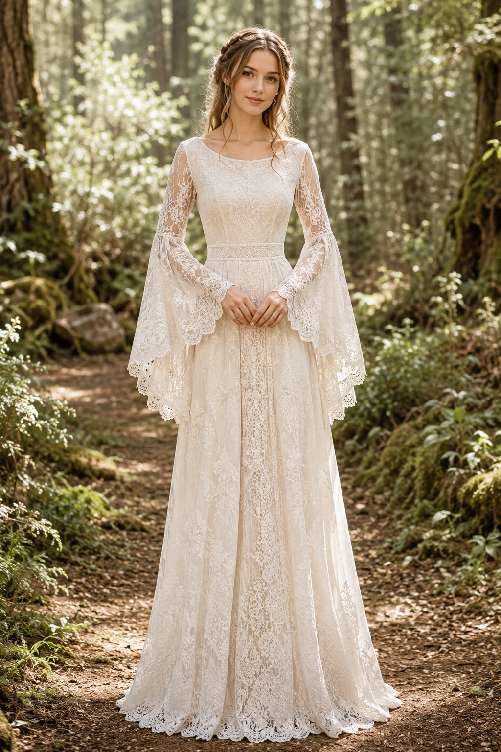 Ivory Scoop Neck Long Bell Sleeve Lace A-Line Wedding Dress for Wedding Ceremony and Reception front view
