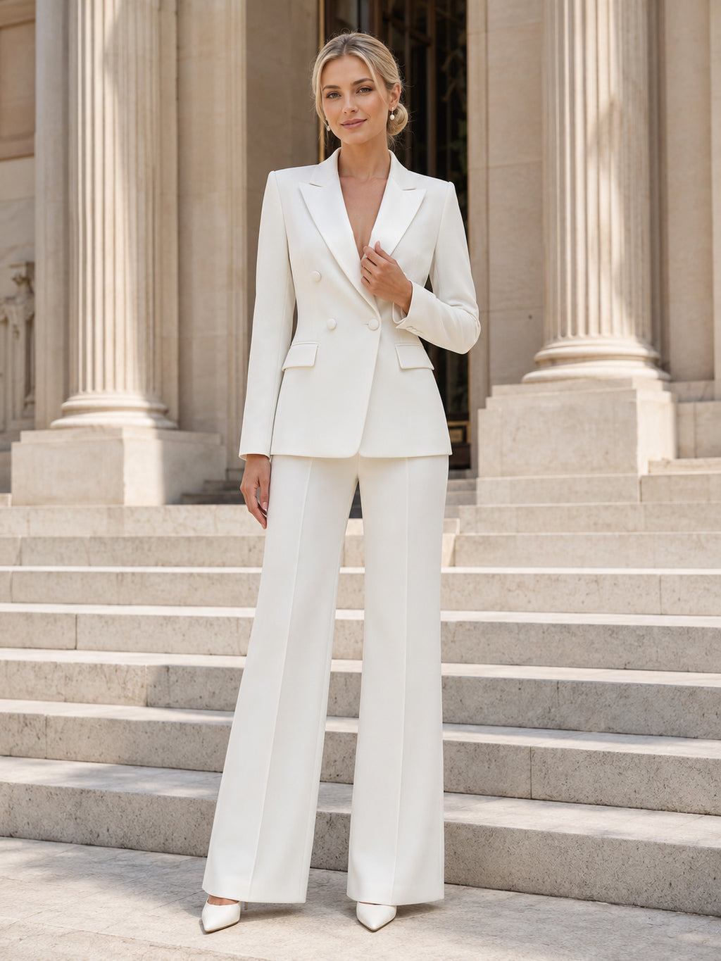 Tailored Bridal Pantsuit Two Piece Notched Long Sleeve Wide Leg Wedding Outfit front view