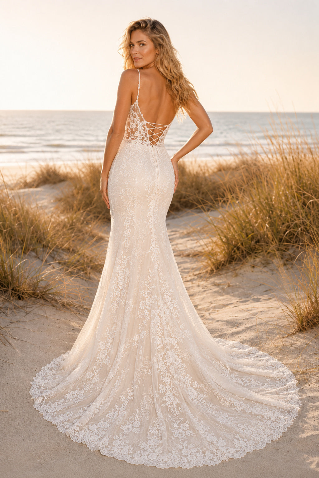 Ivory Spaghetti Lace Mermaid Wedding Dress Chapel Train for Wedding Ceremony and Reception Style MG_701431 back view