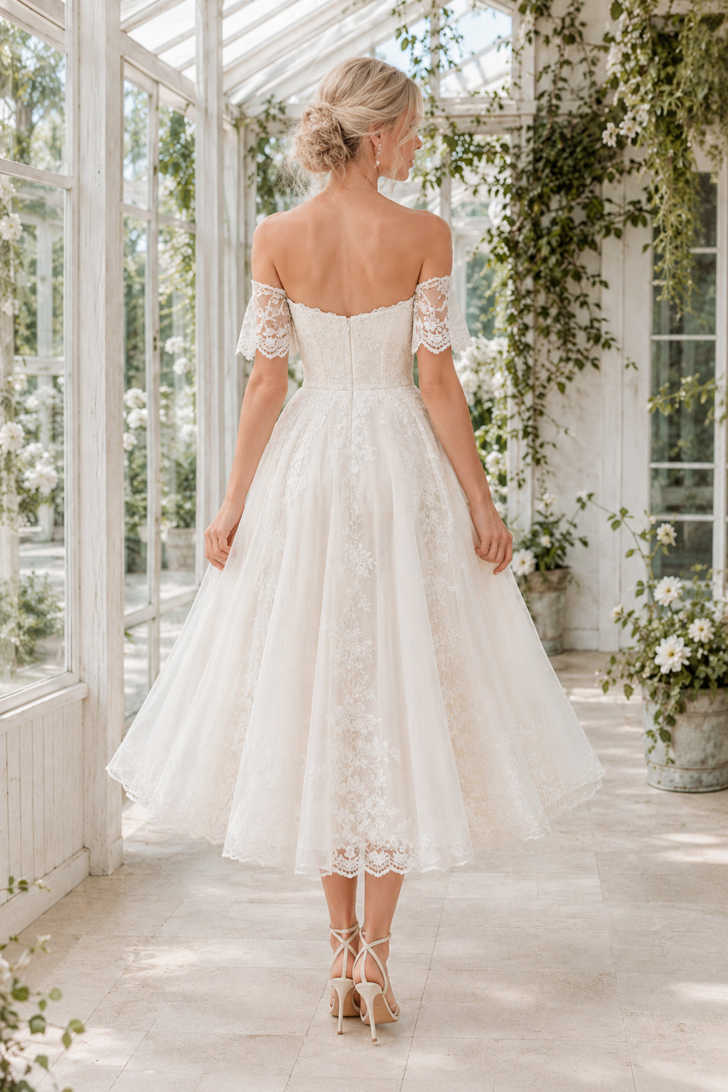 Ivory Off Shoulder Lace Tulle Tea Length Wedding Dress for Wedding Reception and Party Style MG_700968 back view