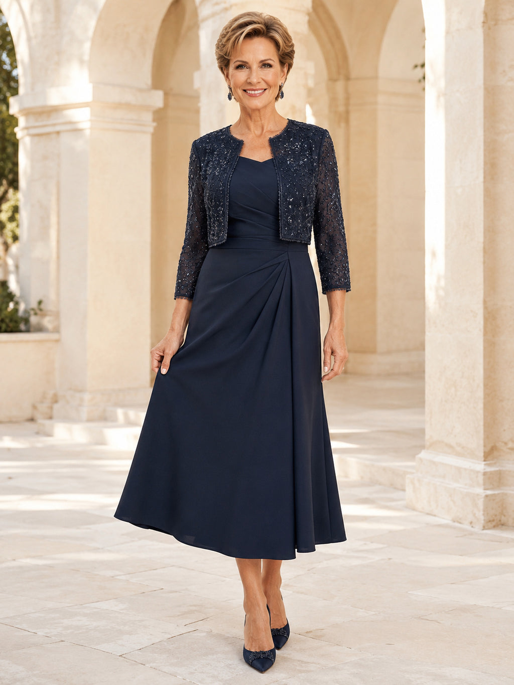 Dark Navy Luxury Sequin-Bolero Draped Chiffon Tea-Length A-Line Mother of the Bride Dress front view
