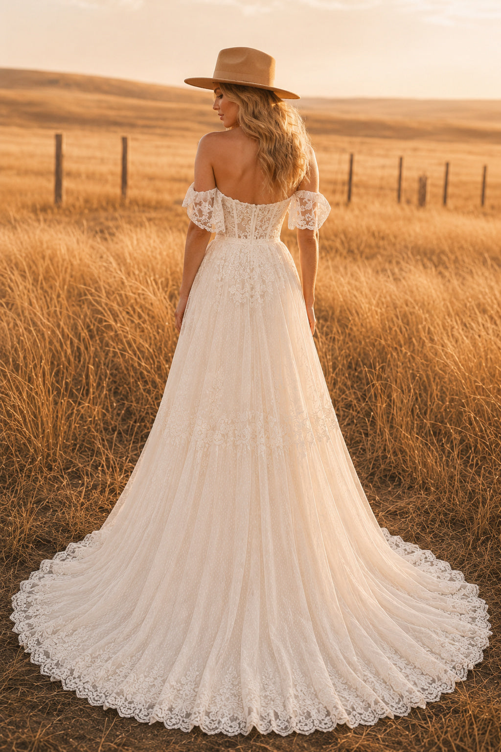 Off the Shoulder Sweetheart A-Line Wedding Dress with Lace Overlay and Sweep Train back view
