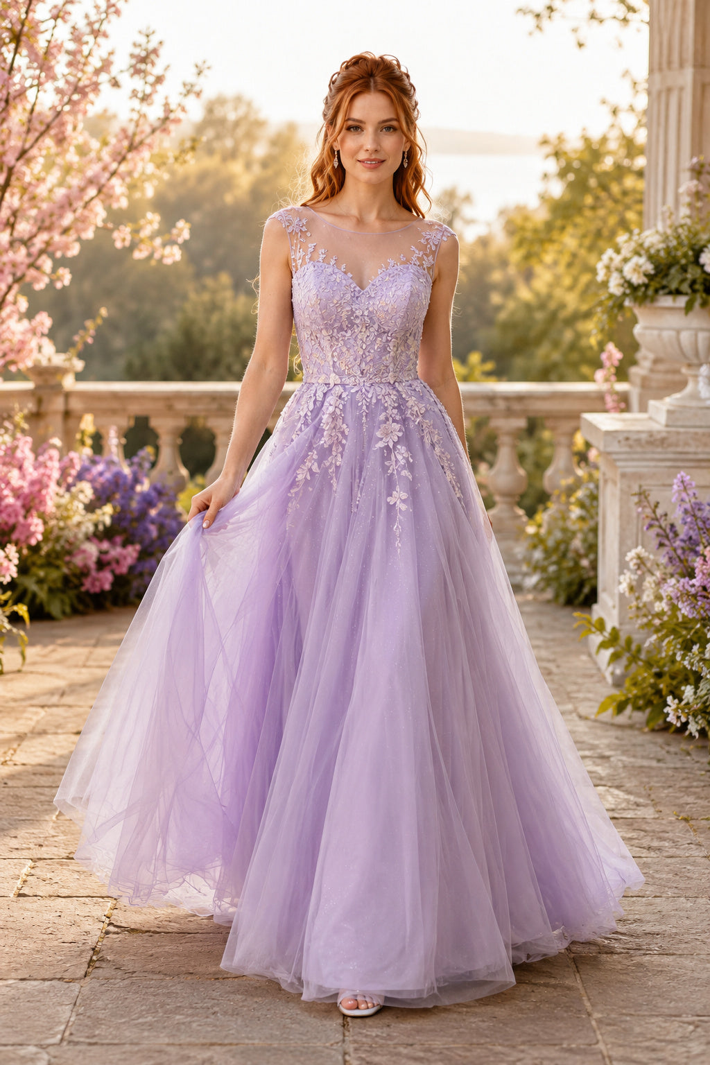 Lavende Floral Applique Tulle A-Line Prom Dress with Illusion Straps and Corset Back front view