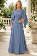 Steel Blue Bateau A-Line Mother Dress with Cape Sleeves and Beaded Waist for Evening Reception front view