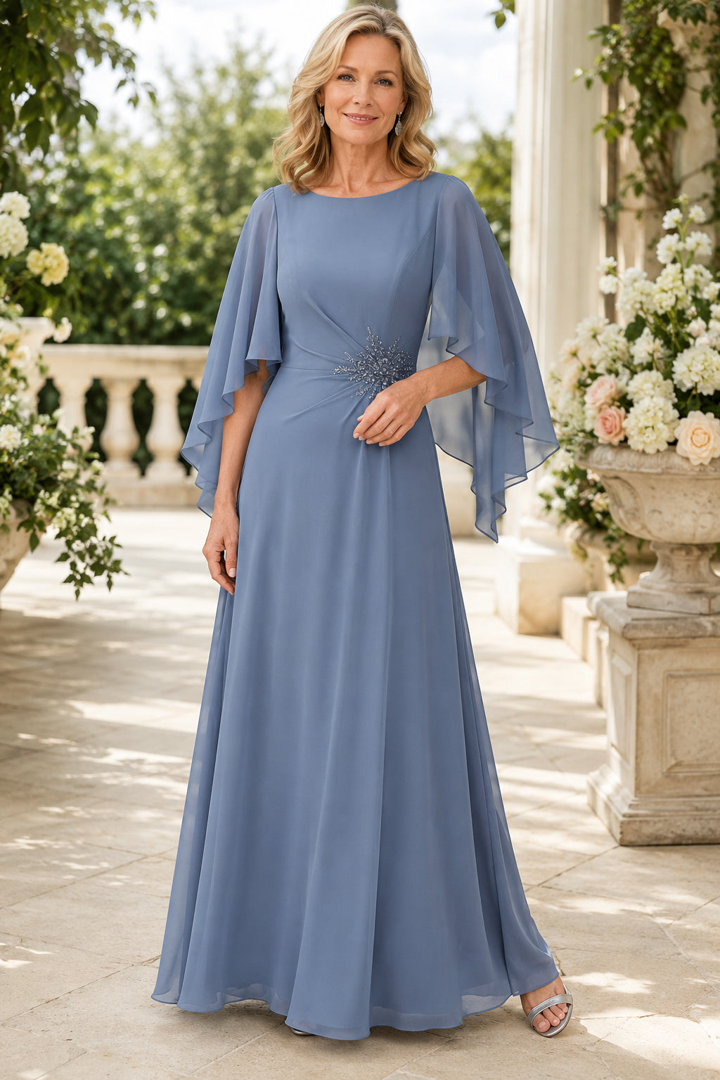 Steel Blue Bateau A-Line Mother Dress with Cape Sleeves and Beaded Waist for Evening Reception front view