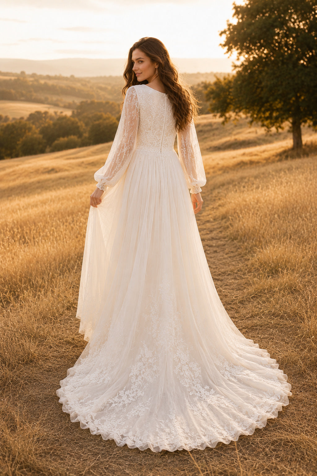 Ivory Boho Bateau Neck A-Line Soft Tulle Wedding Dress with Long Poet Sleeves and Chapel Train back view