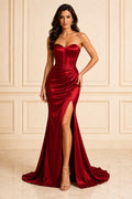 Red Strapless Red Satin Mermaid Gown with Side Slit Floor Length And Sweep/Brush Train Mermaid Trumpet Prom Dress front view