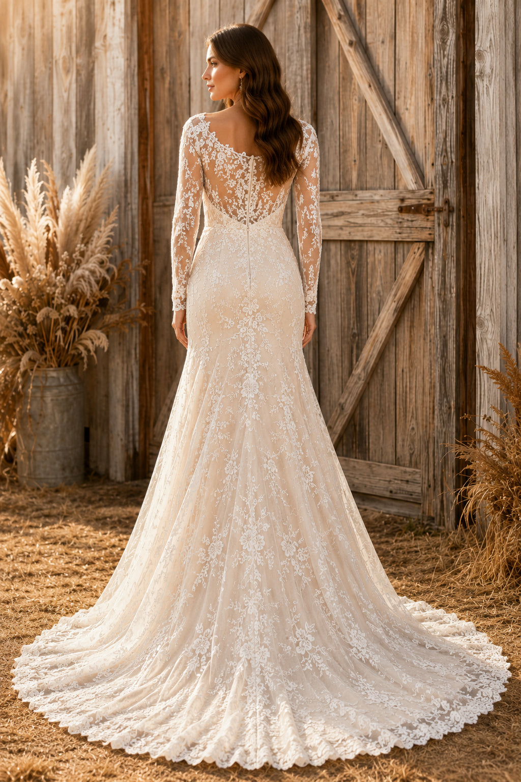 Ivory Square Neck Long Sleeve Lace Mermaid Wedding Dress with Low Back and Train back view