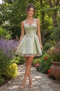 Sage Strapless Mini Satin A-Line Dress