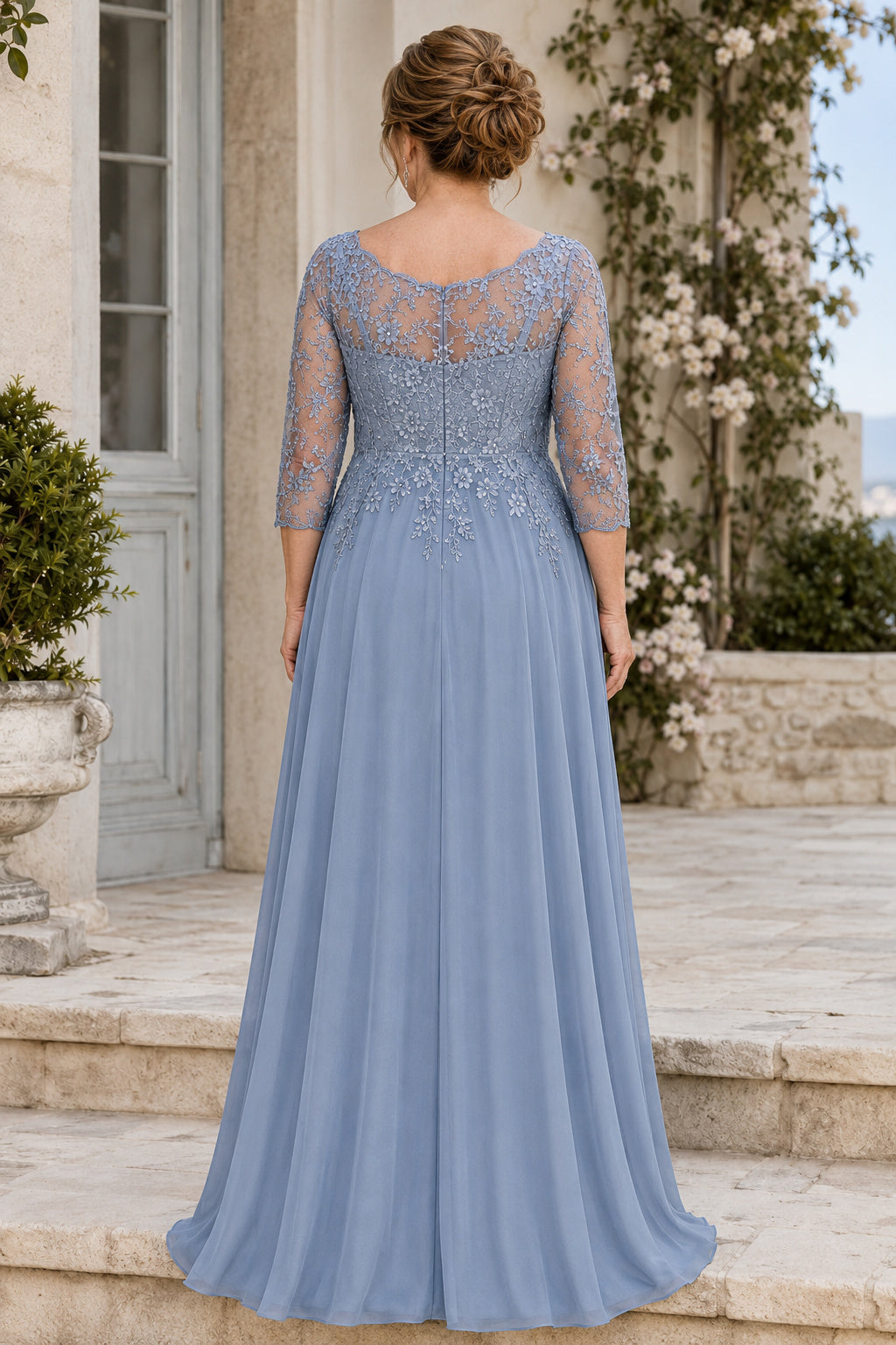 Steel Blue Chiffon A-Line Mother Dress with Lace Three Quarter Sleeves back view