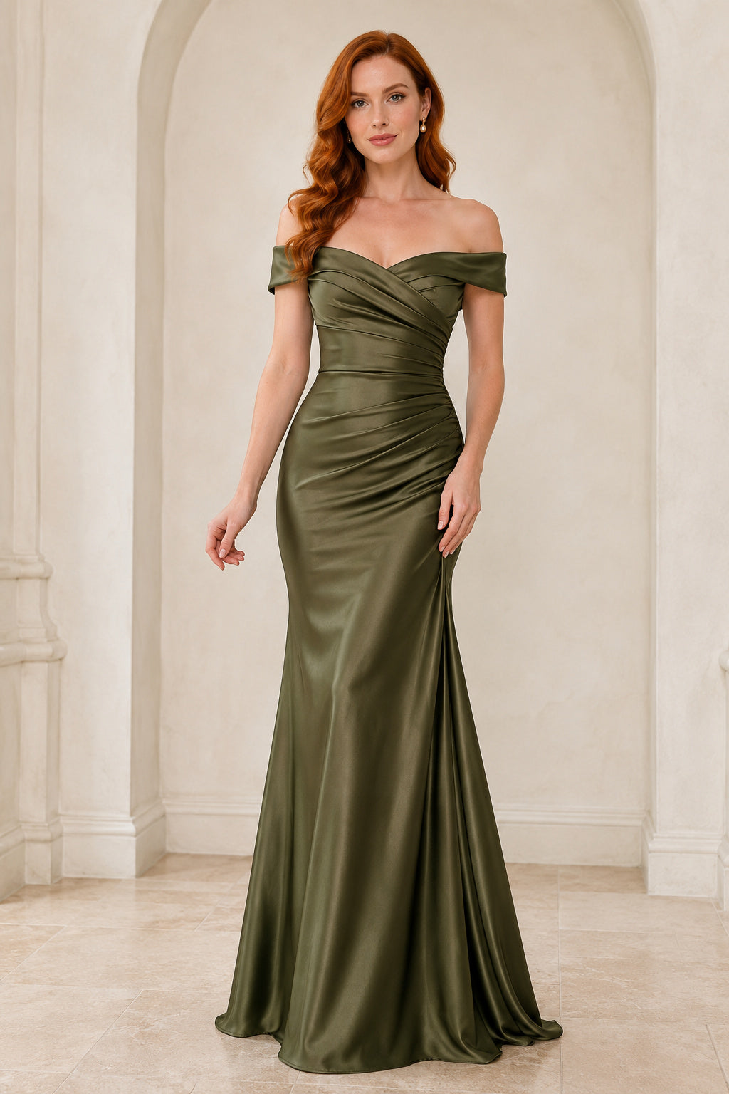 Dark Green Off-the-Shoulder Satin Mermaid Bridesmaid Dress with Ruched Bodice front view