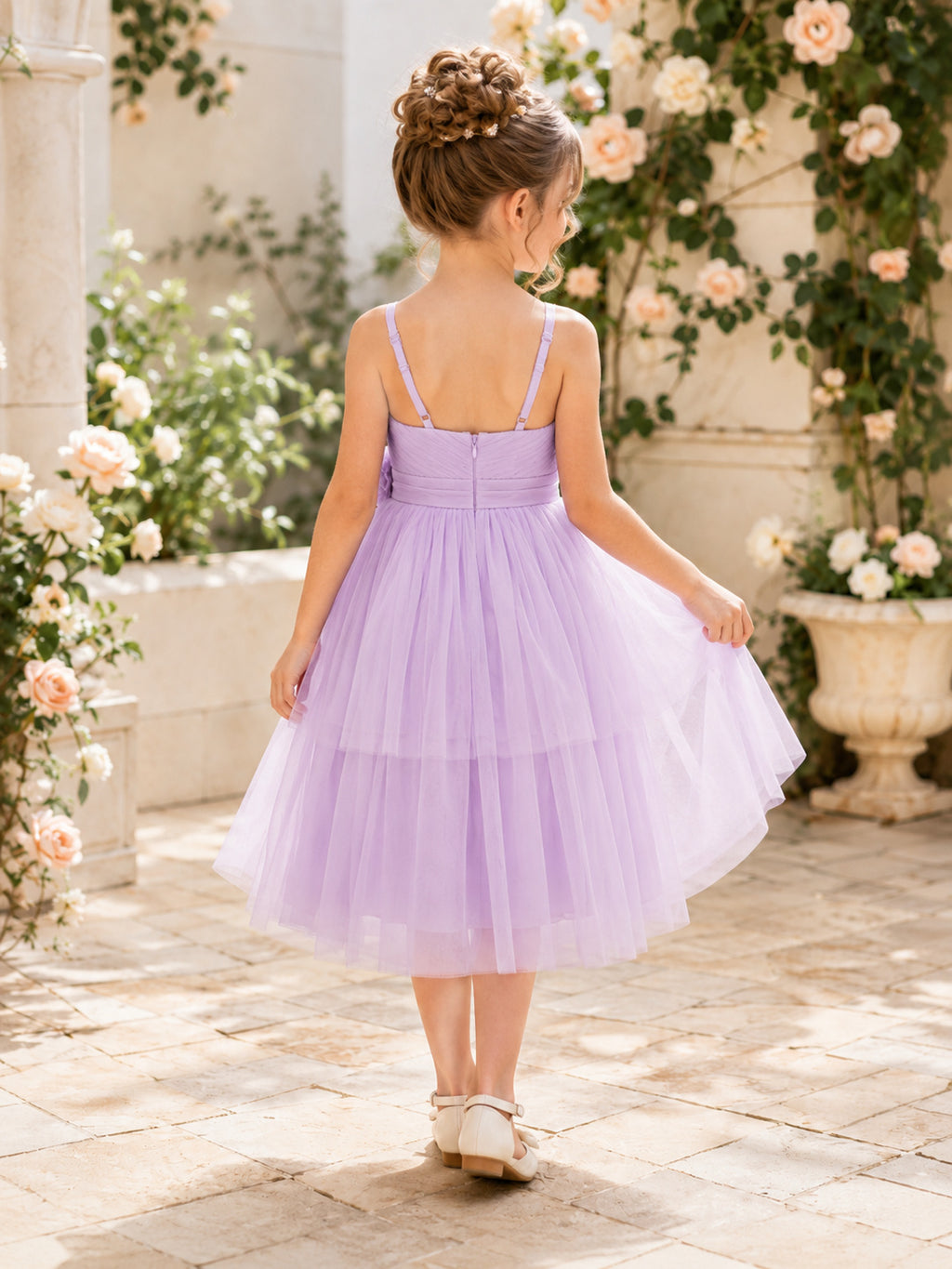 A-Line Lavender Tulle Flower Girl Dress Spaghetti Neckline Tea-length and A Satin Sash And Bow Accent back view