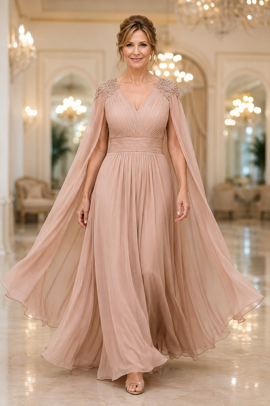 Blushing Pink V-Neck Chiffon A-Line Mother Dress with Cape Sleeves and Pleated Skirt front view