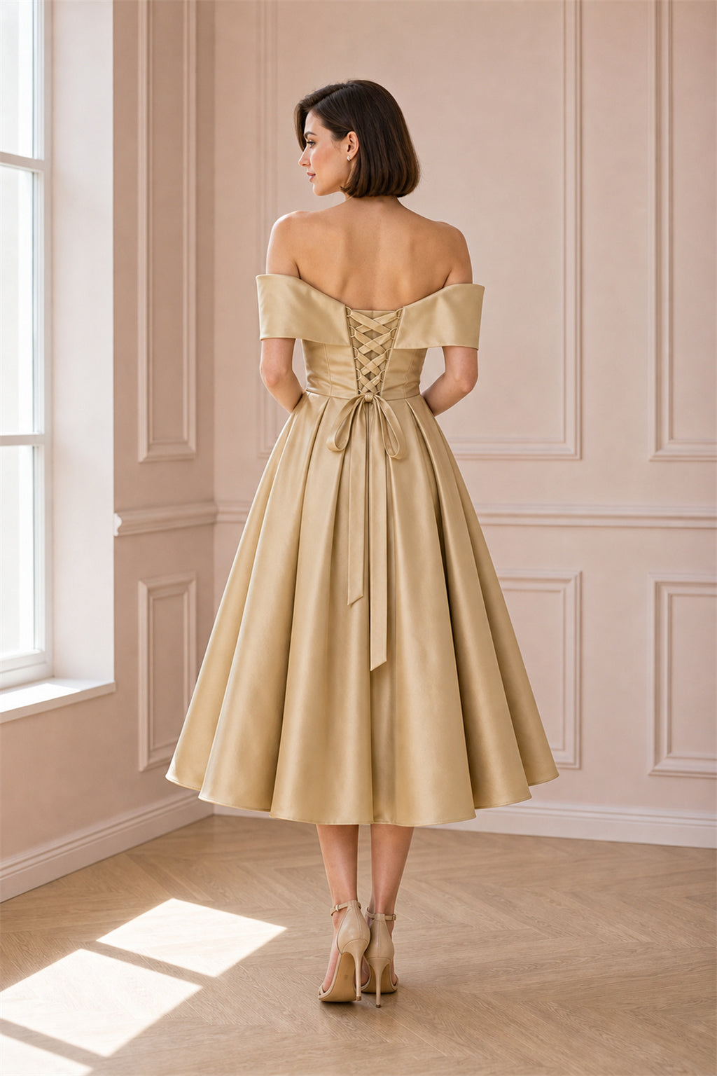 Champagne Off-the-shoulder Off-the-shoulder A-Line Satin Tea-length Dress With Bow and Pleats and Lace-up Back