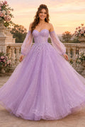 Lavender Off the Shoulder Glitter Tulle Ball Gown with Sheer Sleeves Floor Length And Sweep/Brush Train Ball Gown Prom Dress