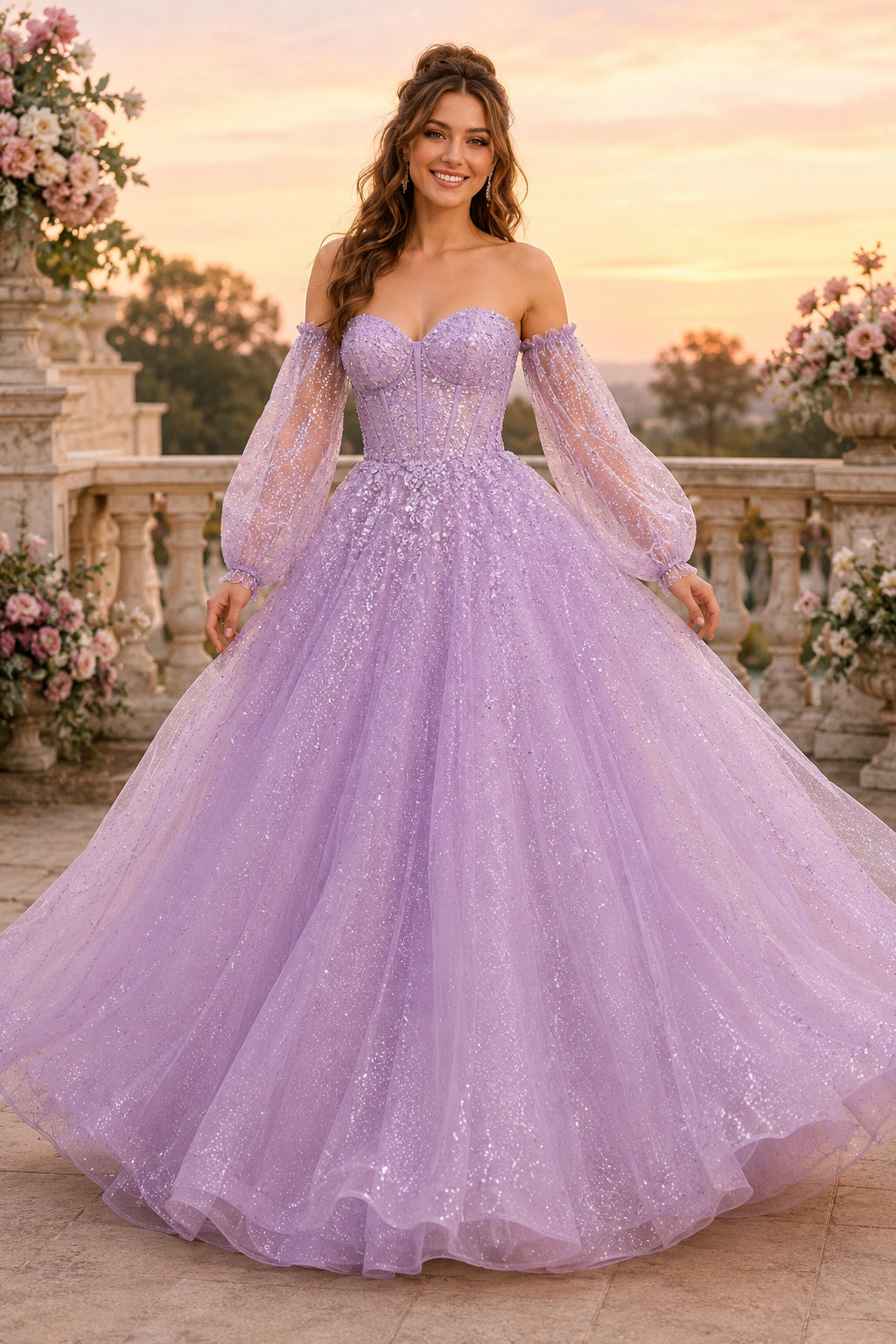 Lavender Off the Shoulder Glitter Tulle Ball Gown with Sheer Sleeves Floor Length And Sweep/Brush Train Ball Gown Prom Dress