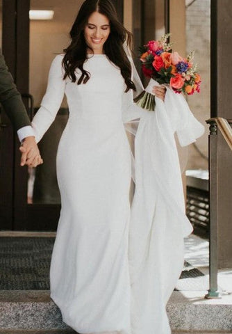 Modest&Simple Satin Long Sleeve Modern Mermaid Conservative Wedding Dress with Chapel Train