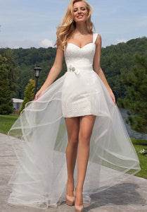 Casual & Simple Short Lace Summer Wedding Dress with Detachable Tulle Train