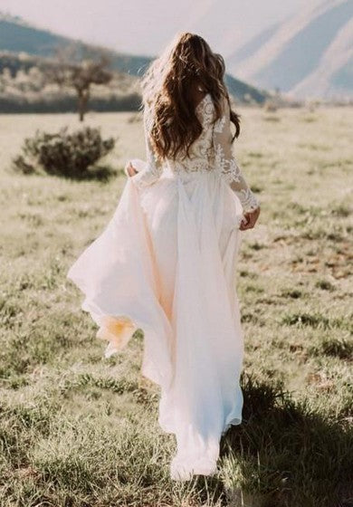 Bohemian/Hippie Country/Rustic Vintage Casual Illusion Back Long Sleeves Lace & Tulle Summer Wedding Dress